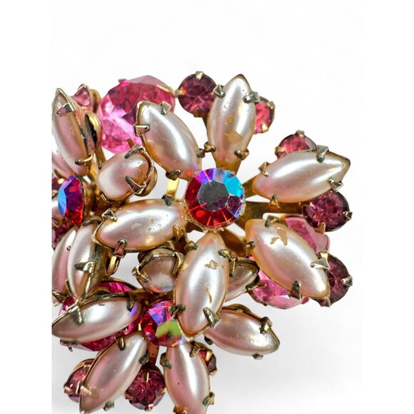 Vintage Flower Brooch Clip On Earrings Set Pink Crystal Faux Pearls - Picture 6 of 15